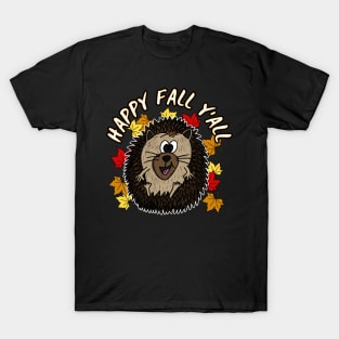 Happy Fall Y'All Hedgehog Leaves Autumn October T-Shirt